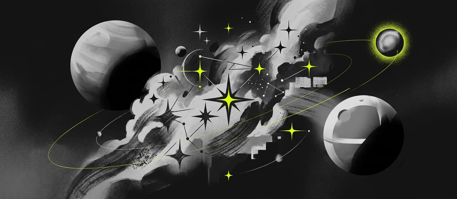 Analisi esplorativa assistita - immagine header GinnyTech con visual cosmico editoriale